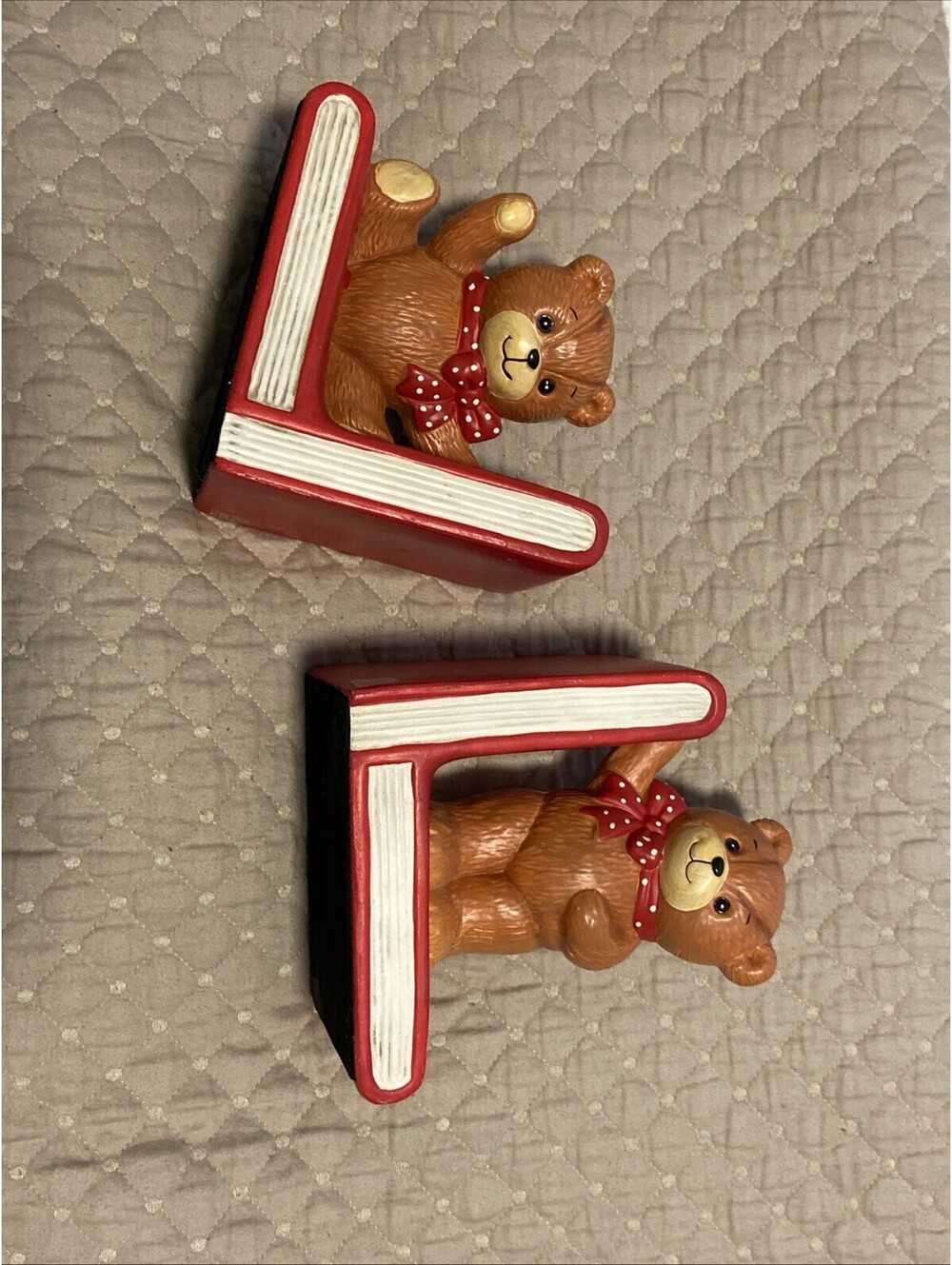 VTG Teddy Bear Bookends 1980 Enesco Lucy And Me Red Shelf Decor